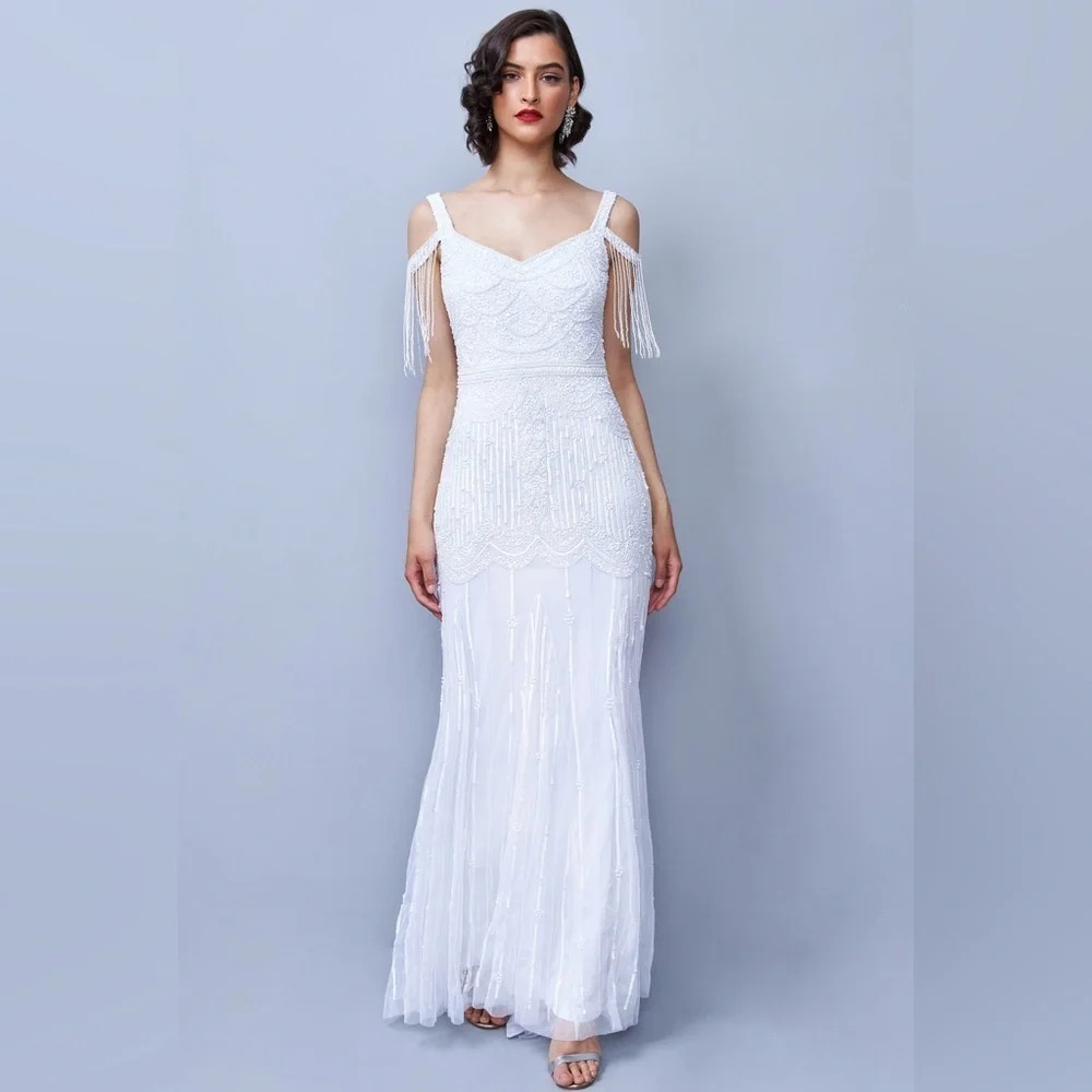 White V-Neck Cap Sleeve Wedding Gown